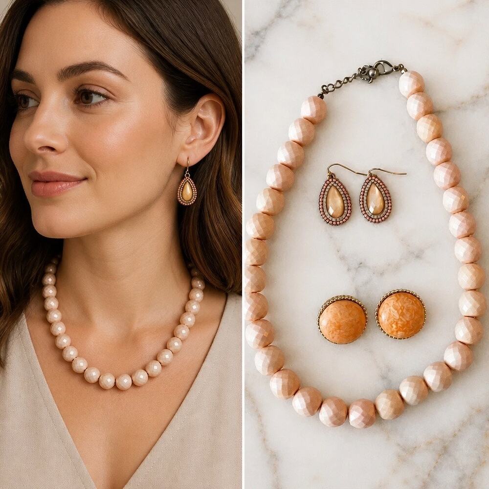 Tuscan Sun Faceted Peach Agate-Style Necklace & Dual Earring Bundle